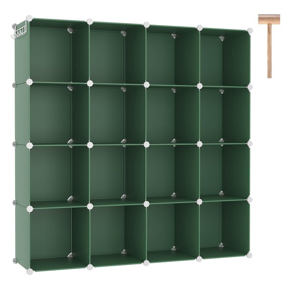 Green Plastic Cube Storage Organizer 16-Cube Modular Home Bedroom Shelving