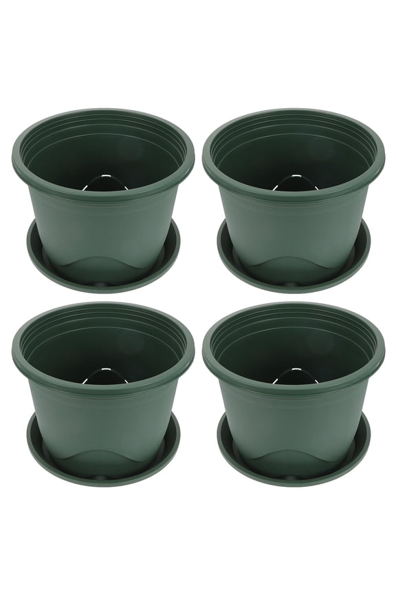 Green Plastic Flower Pots with Trays for Garden Decorations Basin Set of 4 Practical