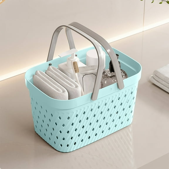 Green Plastic Handheld Shower Basket with Drain Holes | Woven Storage Organizer for Bathroom & Shower | 24x15x16cm Multifunctional Carrying Basket for Towels & Toiletries