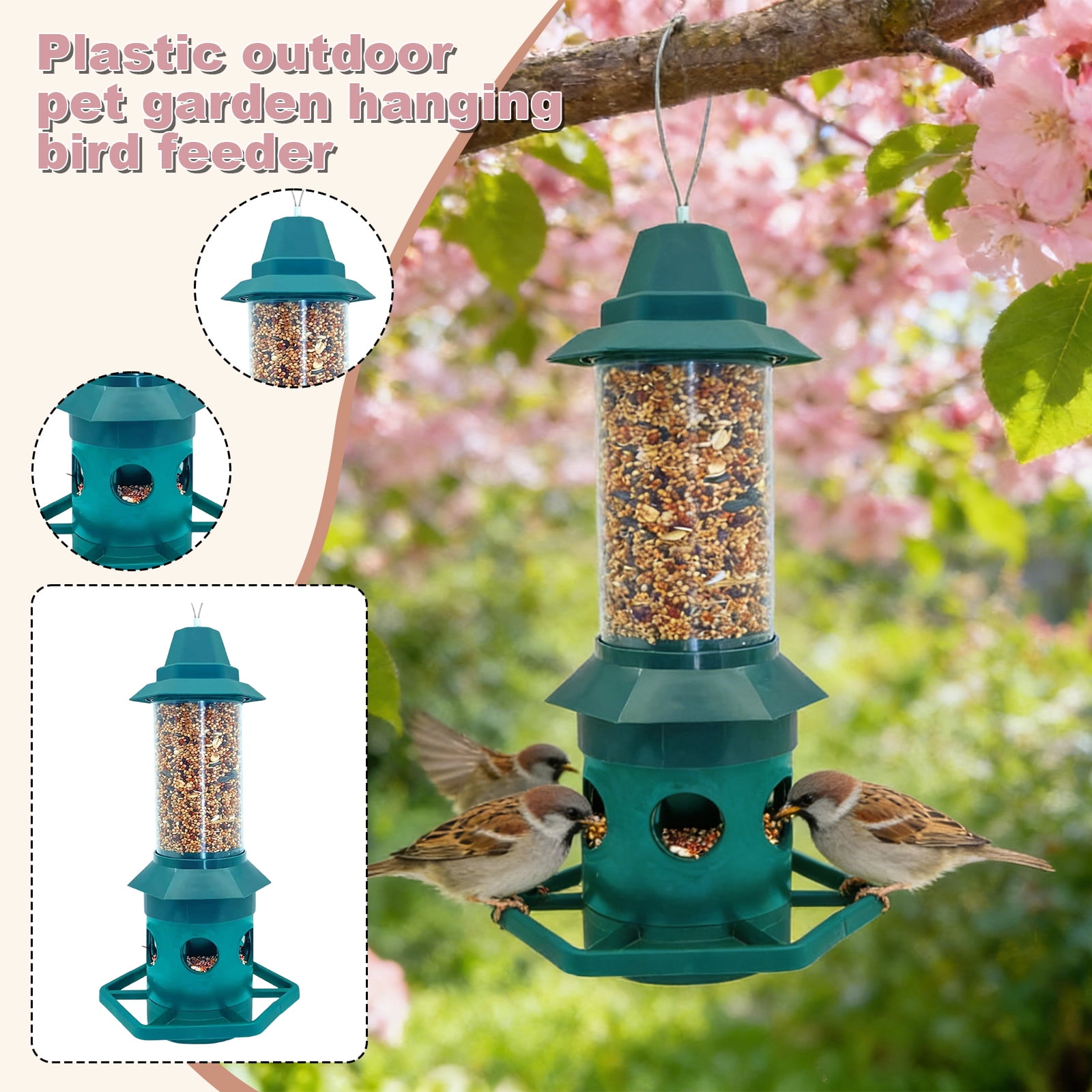Green Plastic Hanging Tube Bird Feeder - Clear Seed Cylinder with 6 Feeding Ports & Perches, Weatherproof Outdoor Garden Wild Bird Feeder, Bird Feeder for Outdoors Hanging, Window Bird Feeder