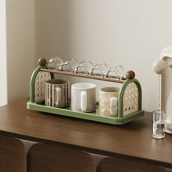 Green Plastic Multi-Compartment Cup Organizer - Compact Kitchen Countertop Mug Storage Rack