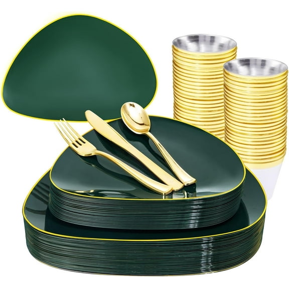 Green Plastic Plates, Green Gold Disposable Plates with Gold Silverware Dinnerware Set Include: Dinner Plate, Dessert Plate, Plastic Cutlery, Cups for St. Patrick's Day Party