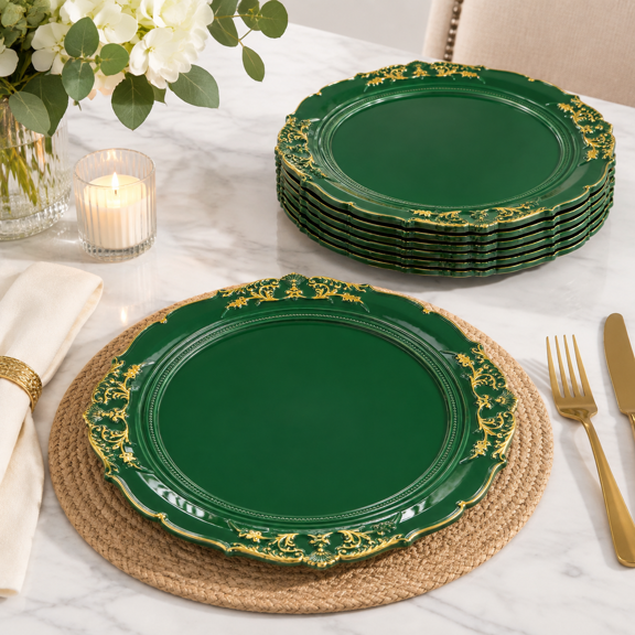 Green Plates 13 Inch Embosseds For Dinner Plates. Plastic Wedding Party. (set Of 6)
