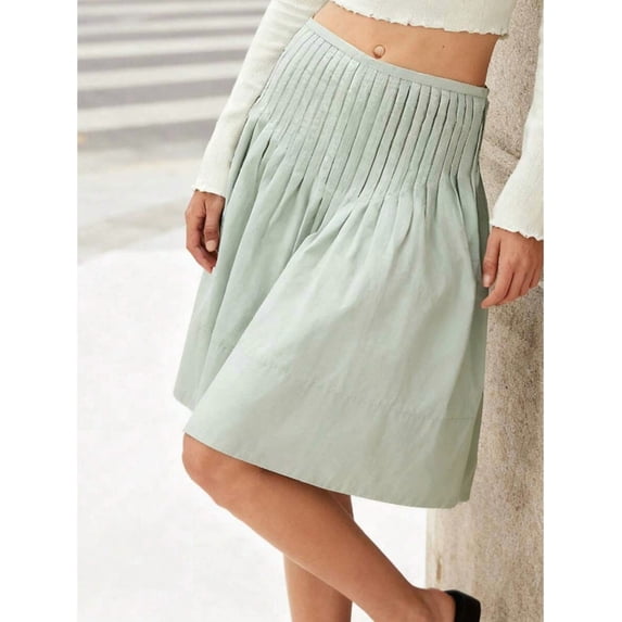 Green Pleated High-Waist A-Line Midi Skirt For Women