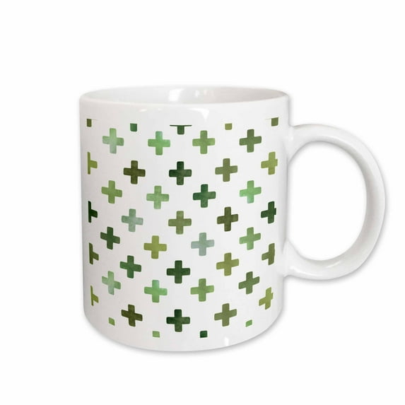 3drose, Green Plus Pattern - Swiss Cross Design - Pluses - Crosses on White, 11oz Mug