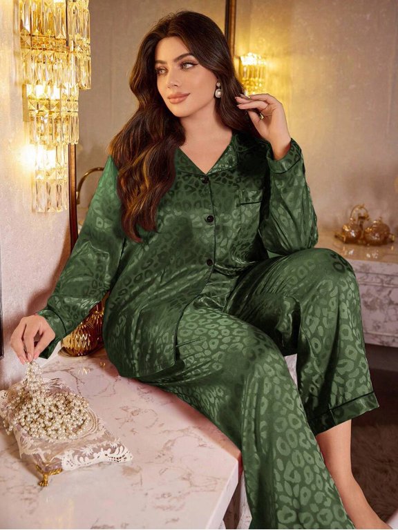 Green Plus Size Leopard Print Faux Silk Pajama Set - Long Sleeve Button