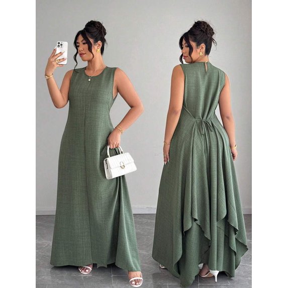 Green Plus Size Sleeveless A-Line Dress With Tie-Up Waist And Asymmetric