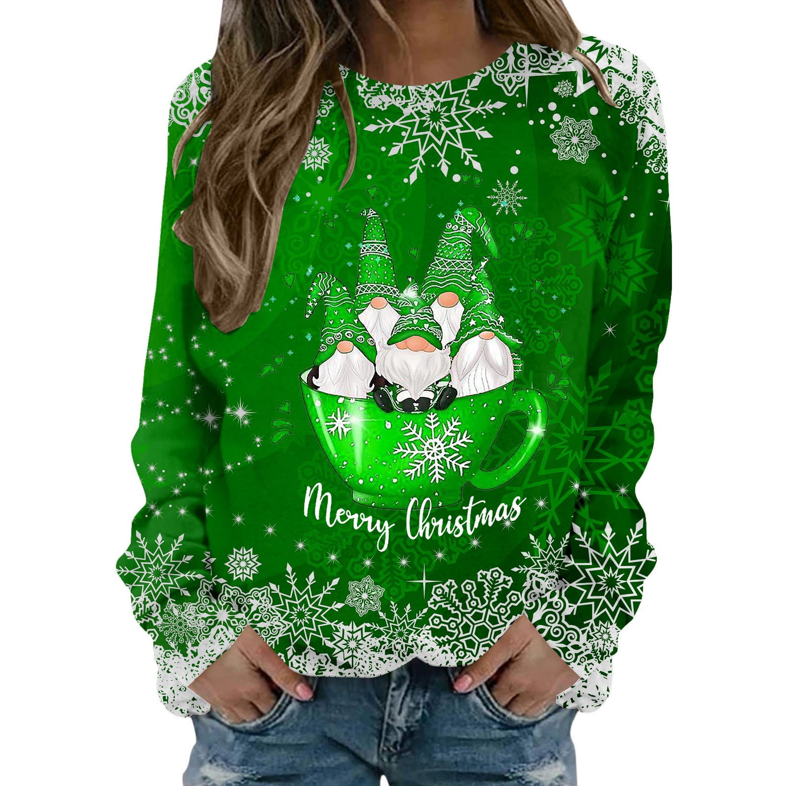 Green Plus Size Sweaters Long Sleeved Round Neck Merry Christmas Christmas Plus Size Sweaters