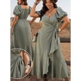 thumbnail image 1 of Green Plus Size Women Tie-Wrap Ruffle Hem Maxi Dress Boho Western Style With Puffed Sleeves, 1 of 8