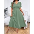 thumbnail image 1 of Green Plus Size Womens Summer Solid V-Neck Short Sleeve Bubble Sleeve A-Line Maxi Dress With Waist Pleats, 1 of 5