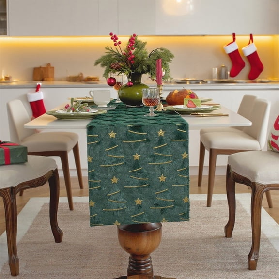 Green Plush Christmas Table Runner, Embroidered Five-Star Christmas Tree Plush Runner for Holiday Bed End Kitchen Dining Table Decor，A