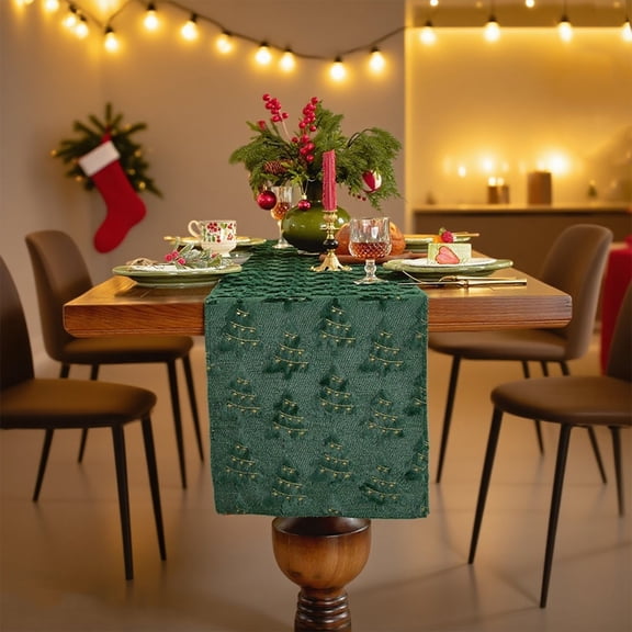 Green Plush Christmas Table Runner, Embroidered Light Up Christmas Tree Plush Runner for Holiday Bed End Kitchen Dining Table Decor,A