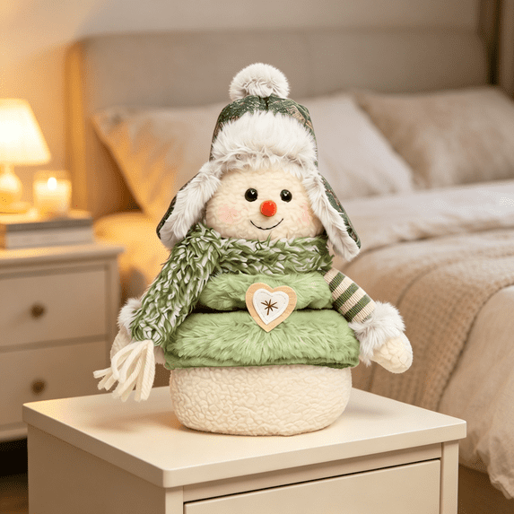 Green Plush Snowman Figurine Christmas Home Decor, Xmas Winter Table Decor, Christmas Decorations Indoor, Cute Standing Snowman Decoration for Shelf Counter Holiday Home Styling-B