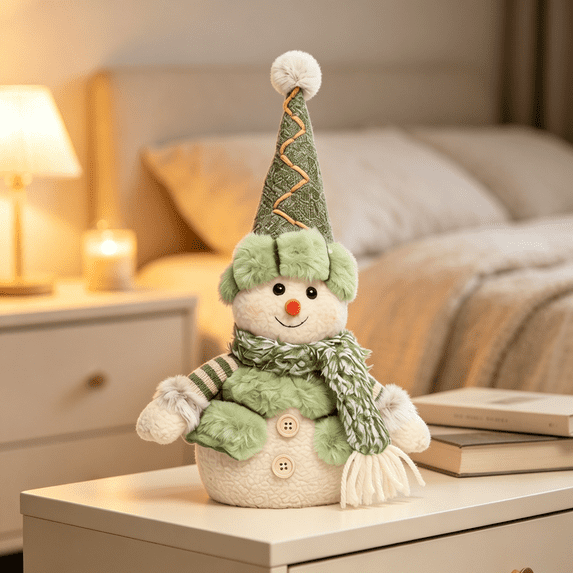 Green Plush Snowman Figurine Christmas Home Decor, Xmas Winter Table Decor, Christmas Decorations Indoor, Cute Standing Snowman Decoration for Shelf Counter Holiday Home Styling-A