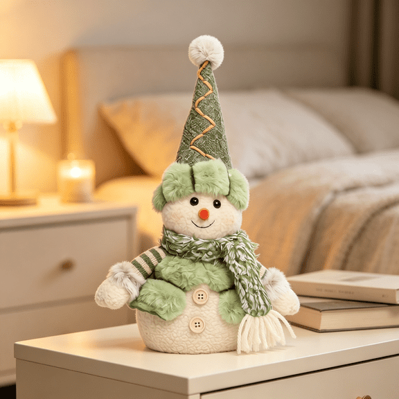Green Plush Snowman Figurine Christmas Home Decor, Xmas Winter Table Decor, Christmas Decorations Indoor, Cute Standing Snowman Decoration for Shelf Counter Holiday Home Styling-A