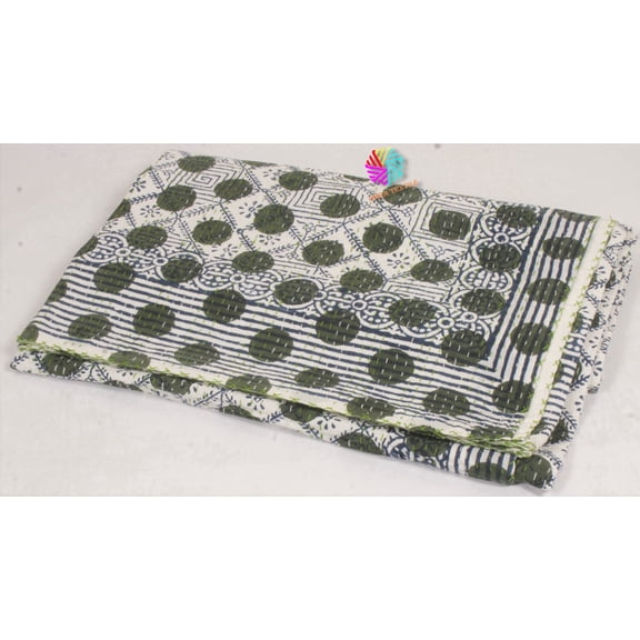 Green Polka Dot Indian Kantha Quilt Handmade Pure Cotton Geometric Block Print Lightweight Bedding