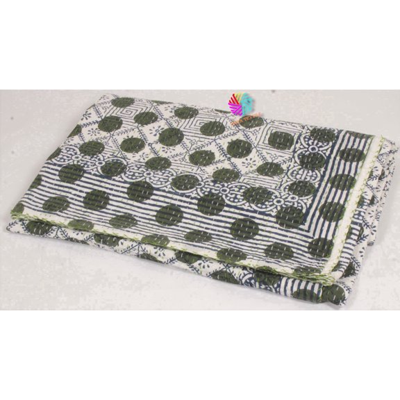 Ozark Textile Green Polka Dot Indian Kantha Handmade Geometric Kantha Quilts