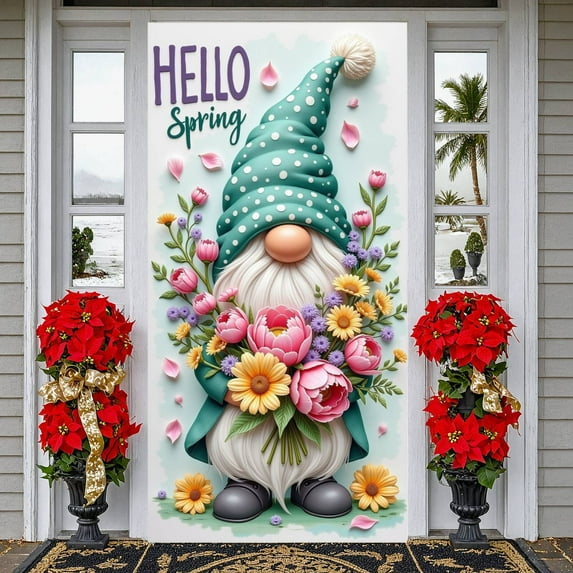 Green Polka Dot Spring Banner White Bearded Spring Display Pink Peony Yellow Daisy Floral Backdrop for Spring Party Garden Decoration Outdoor Event