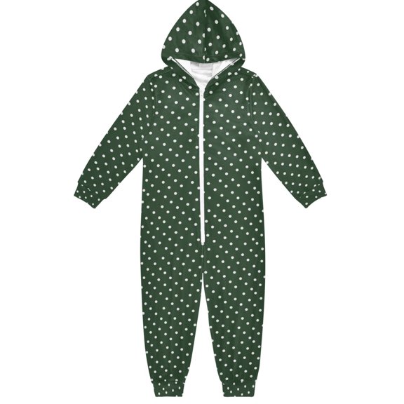 Green Polka Dots Boys & Girls Hooded One-Piece Pajamas Warm Crystal velvet Hooded Long Sleeve Loungewear Jumpsuit Unisex