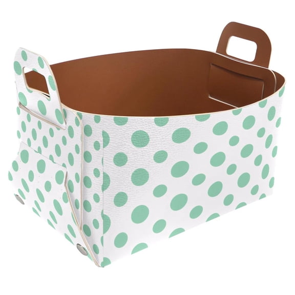 Green Polka Dots Storage Basket Collapsible Storage Bin, PU Foldable Basket Convenient Box Storage Organizer with Handles for Shelves Office Bedroom Closet Nursery Toys Laundry