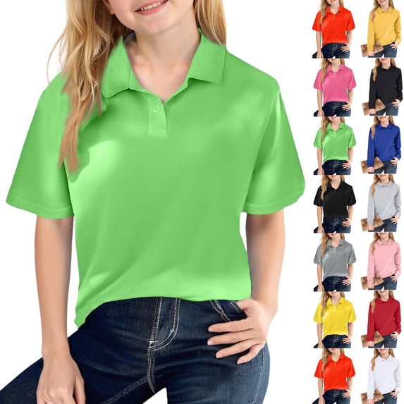 Green Polo Shirts Girls Short Sleeve School Uniform Shirt Classic Color Button Down Top Comfortable Tee 6-11 Years
