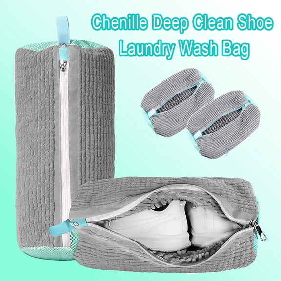 Green Polyester Shoe Washing Bag With Fluffy Chenille Brush Lining, Padded Reusable Laundry Shoe Protector Bag Anti-Deformation For Washing Machine Drying