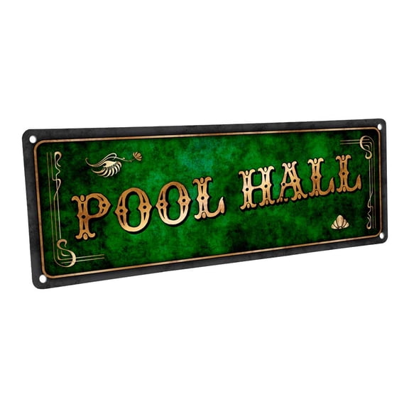 Green Pool Hall 4"x12" Metal Sign, Wall Décor for Mancave, Den, and Gameroom