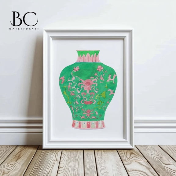 Green Porcelain Vase Famille Rose Medallion Chinoiserie Wall Decor, Unframed Paper Poster 8x10in