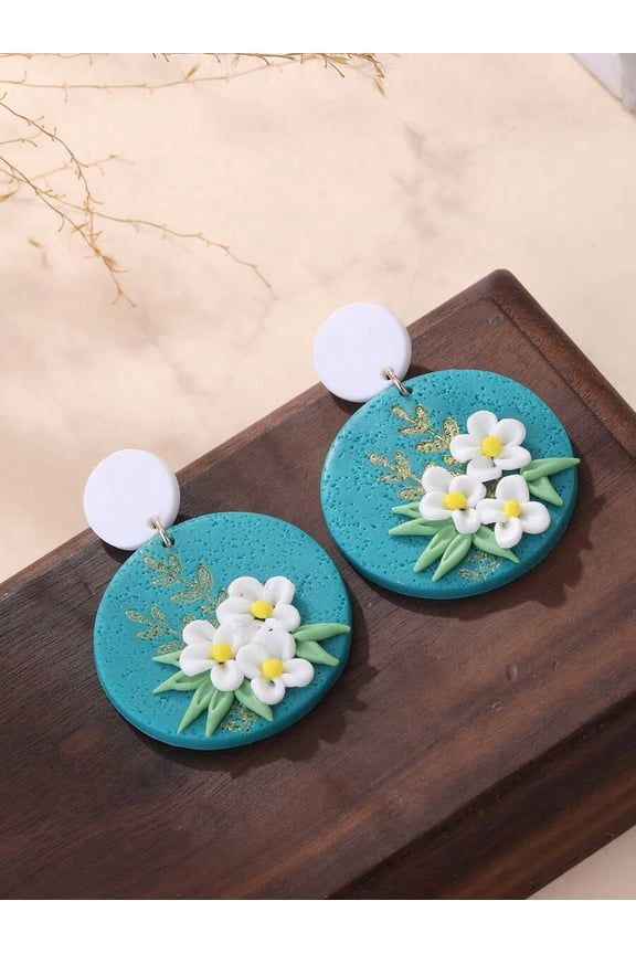 Green Pores Polymer Clay Floral Dangle Earrings With White Stud Backs