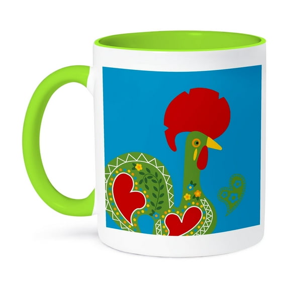 3dRose, Green Portuguese Rooster on blue background, 15oz Two-Tone Green Mug