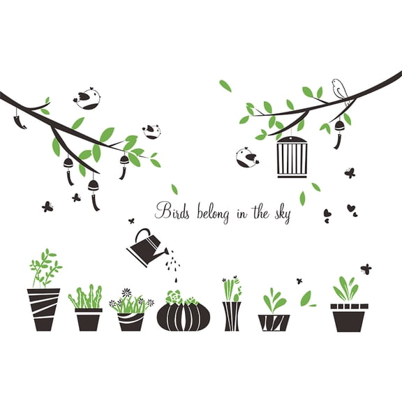 Green Potted Branches Wall Stickers, Removable Wall Decals for Bedroom, Living Room, Playroom, Nursery, and Kindergarten, Peel and Stick PVC Mural Décor