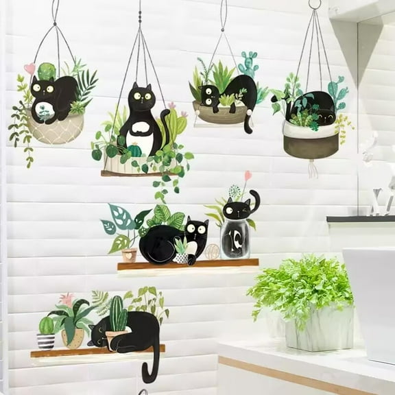 Green Potted Plant Cactus Wall Decal Cute Black Cat Stickers, Creative Tropical Bonsai Flower Cactus Wallpaper, Removable Animal Art Mural for Bedroom Kitchen Nursery Home Decoration