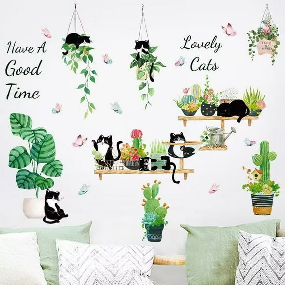 Green Potted Plant Cactus Wall Decal Cute Black Cat Stickers, Creative Tropical Bonsai Flower Cactus Wallpaper, Removable Animal Art Mural for Bedroom Kitchen Nursery Home Decoration