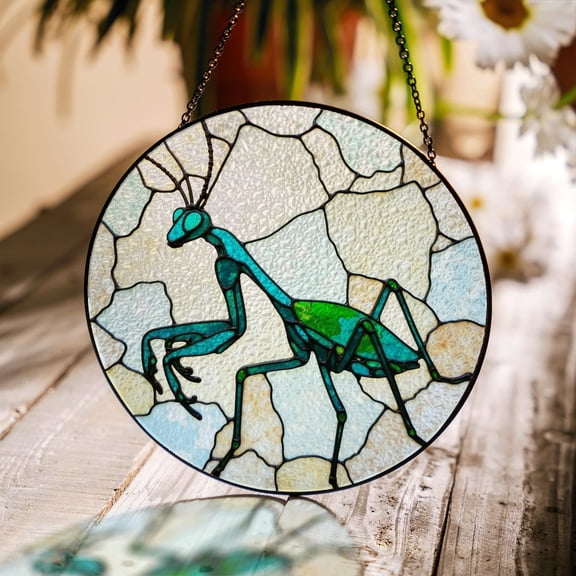 Green Praying Mantis Glass Suncatcher, Round Insect Decor, for Dad, 6.3 in