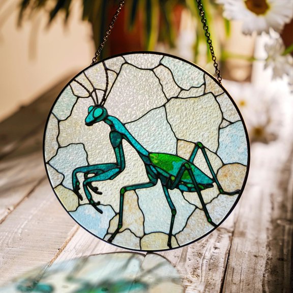 Green Praying Mantis Glass Suncatcher, Stained Insect Decor, 6.3 in
