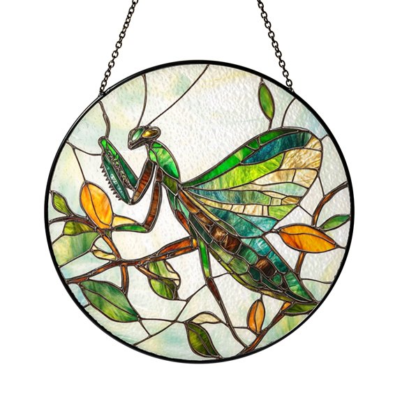 Green Praying Mantis Glass Suncatcher Window Art Botanical Insect Theme Calm Nature Home Accent