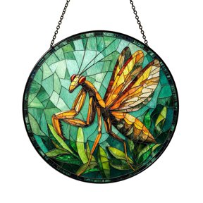 Green Praying Mantis Glass Suncatcher Window Hanging, Nature Inspired Insect Decorative Home Accent