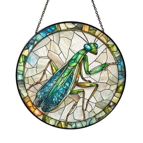 Green Praying Mantis Stained Glass Round Suncatcher, Insect Window Hanging Gift for Nature Lovers