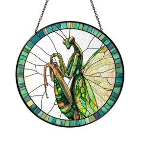 Green Praying Mantis Stained Glass Suncatcher, Round Window Hanging, Vibrant Insect and Nature Home Decor, Gift for Dad or Garden Lovers