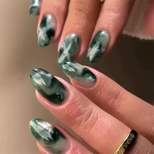 Green Press on Nails Medium Almond Fake Nails Ombre False Nails with Marble Stripes Design Glue on Nails Glossy Full Cover Stick on Nails Reusable Acrylic Nails for Women 24Pcs