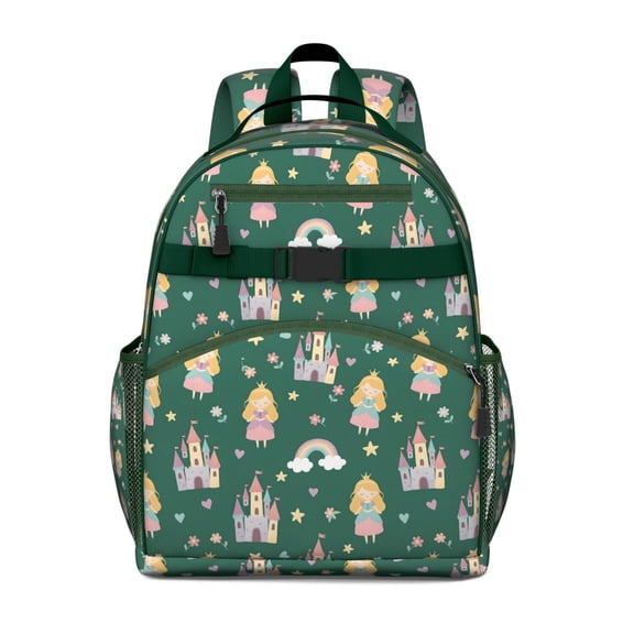 Green Princess Castle Pattern Backpack for School,Cute School Bag,Schoolbag with Adjustable Shoulder Straps & Padded Back,15.25"x11.5"x5.25"
