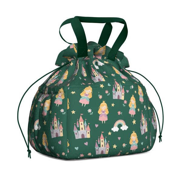 Green Princess Castle Pattern Drawstring Lunch Bag Women - Drawstring Lunch Bag Insulated for Work Office - Stain-Resistant Large Lunchbags for Women with Multi-Pockets
