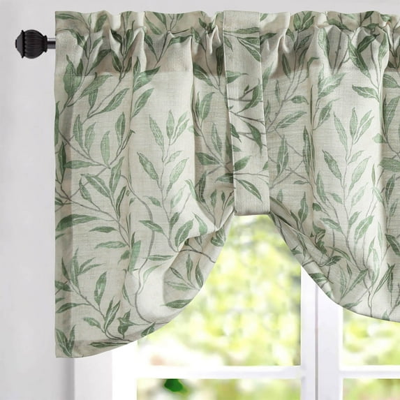 VOGOL Green Printed Leaf Short Curtain, Tie Up Valances for Cafe Bathroom, 52x18 inches, One Piece, Rod Pocket