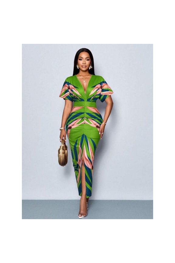 Green Printed V-Neck Split Thigh Bodycon Party Dress For Spring Summer Holiday