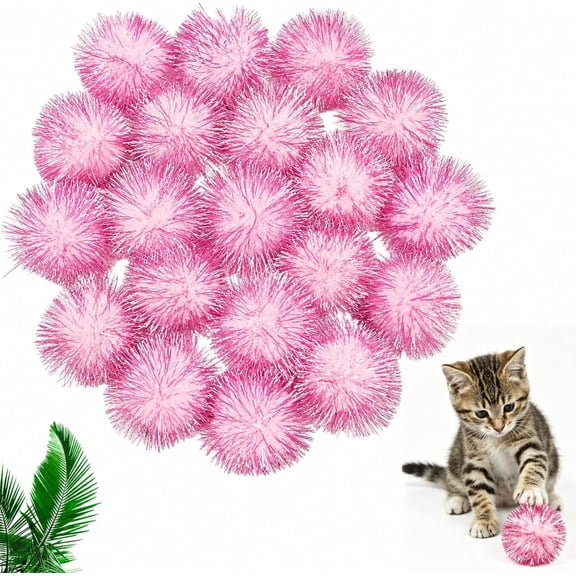 Green Puff Ball Cat Toy, Sparkle Glitter Puff Ball for Indoor Cats, 40 Pcs (Pink, 0.4 inches)
