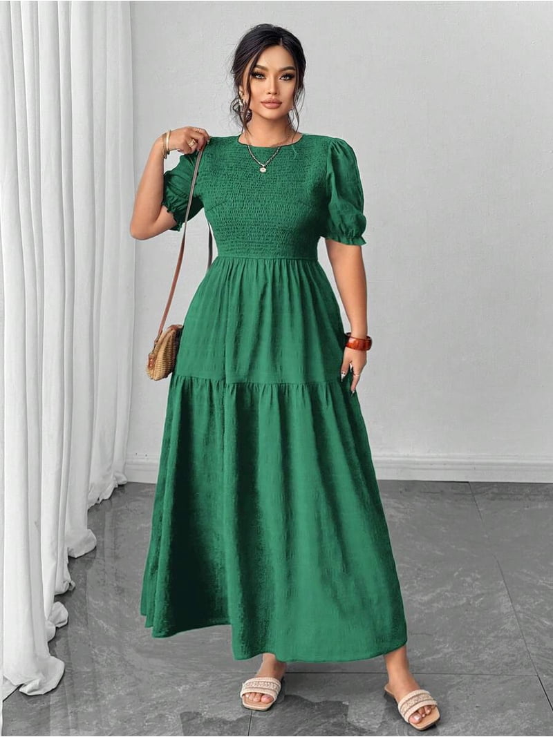 Green Puff Sleeve Shirred Tiered Maxi Dress With Ruffle Hem And Smocked Bodice