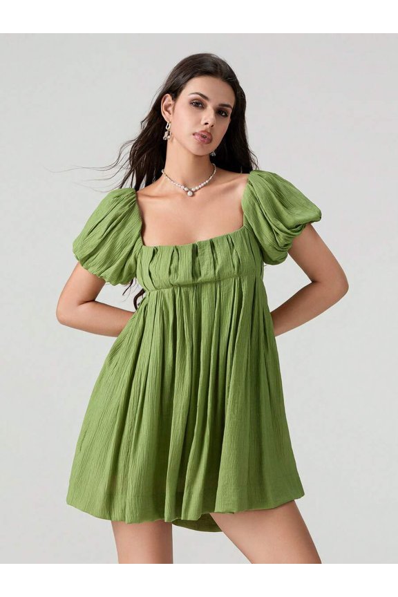 Green Puff Sleeve Square Neck Ruched Bodice Flowy A-Line Mini Sundress