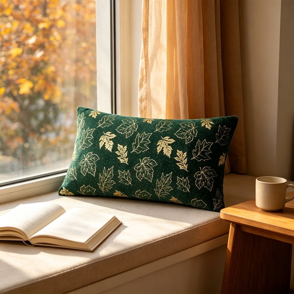 Green Puffy Throw Pillow with Insert, Gold Maple Leaf Print Cushion, Soft Fuzzy Lumbar Pillow for Fall Winter Christmas Decor