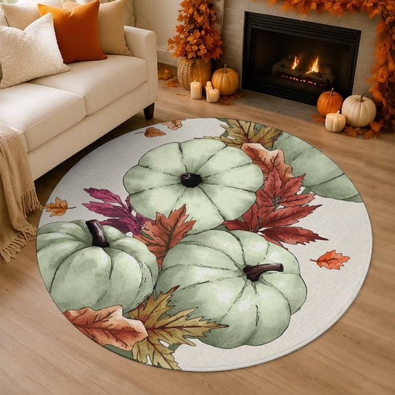 Green Pumpkin 3' Round Rug for Bathroom Accent Bedside Corner, Fall Thanksgiving Maple Leaf Washable Non Slip Soft Circle Area Rug for Small Spaces Entryway