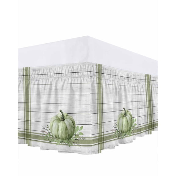 Green Pumpkin Bed Skirt Queen Size 18 Inch Drop, Thanksgiving Fall Leaf Vintage Wood Grain Wrap Around Dust Ruffle Bedskirts, Wrinkle & Fade Resistant Easy Fit Bedskirt with Adjustable Elastic